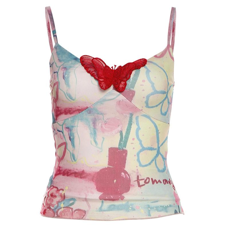 V neck print butterfly applique backless cami top