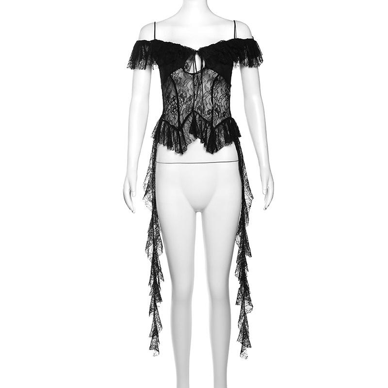 Off shoulder lace ruffle hollow out top