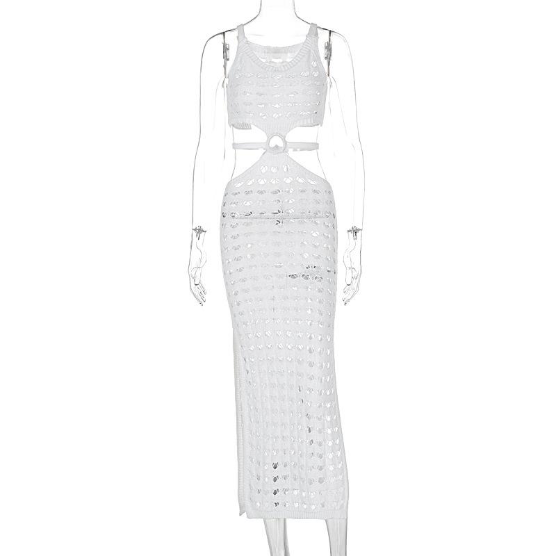 U neck knitted o ring see through tank midi dress