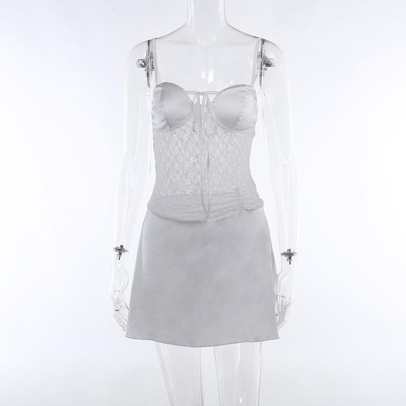 Lace patchwork self tie solid ruched backless cami mini dress
