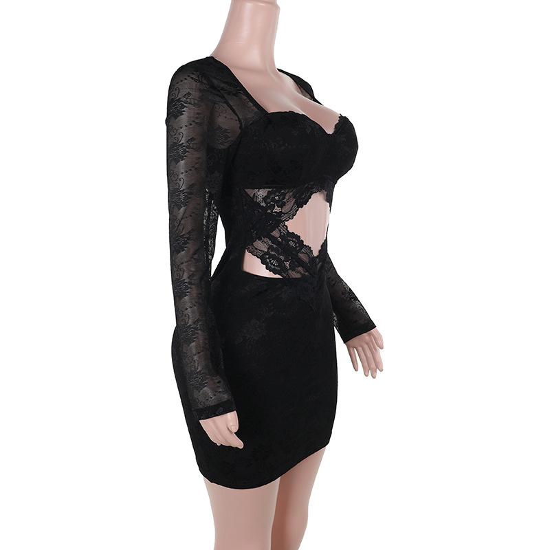 Long sleeve hollow out lace zip-up mini dress