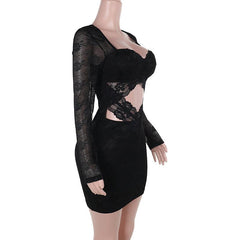 Long sleeve hollow out lace zip-up mini dress