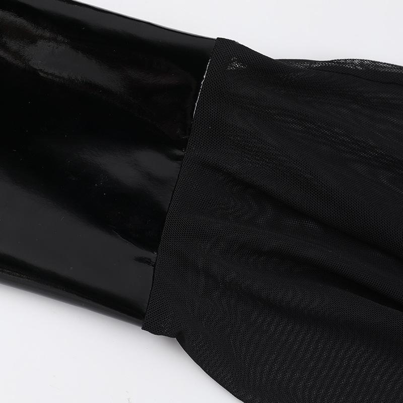 Long flared sleeve PU leather cross front bodysuit