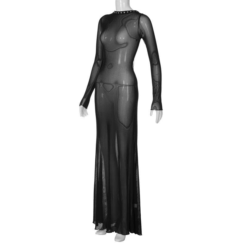 Long sleeve lace up sheer mesh see through maxi dress  | red tango dress  | samba dress