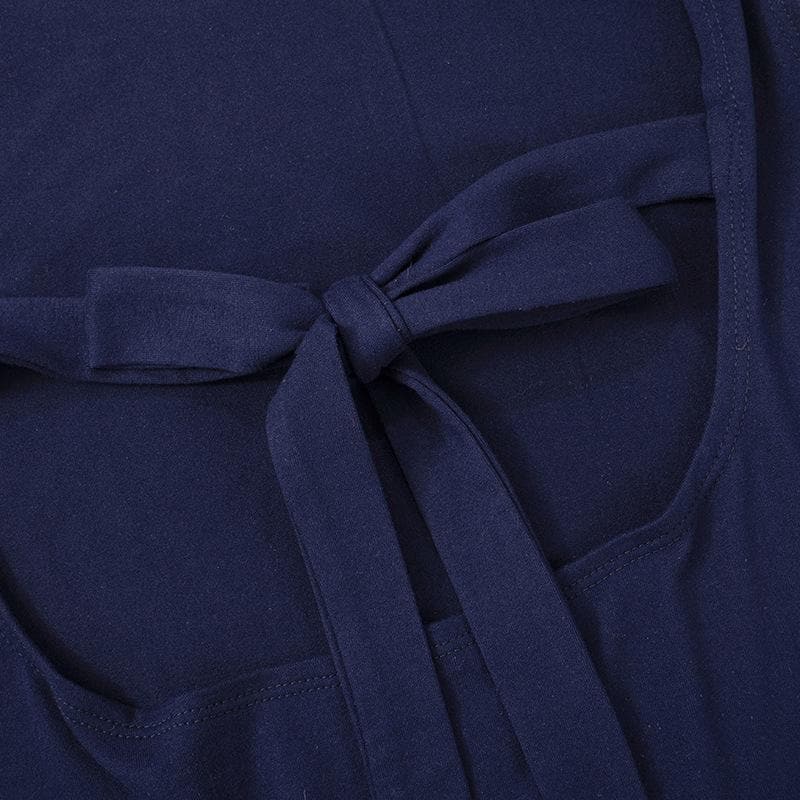 Self tie backless solid cap sleeve round neck top