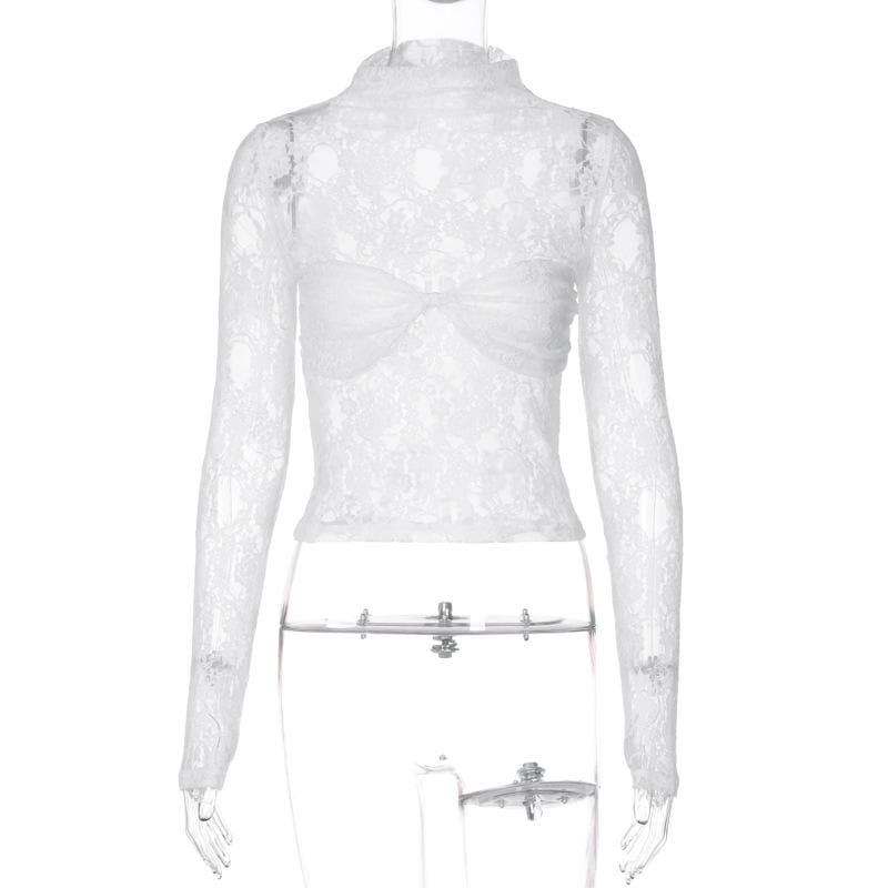 Long sleeve high neck lace see through ruched top