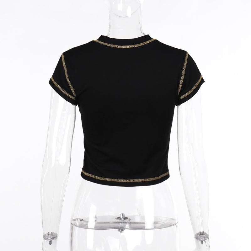 Contrast print short sleeve stitch hollow out crewneck crop cut out top