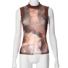 High neck sleeveless mesh see through print ribbed top