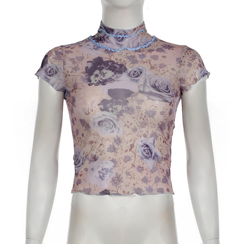 Short sleeve high neck print mesh knotted top