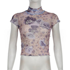 Short sleeve high neck print mesh knotted top