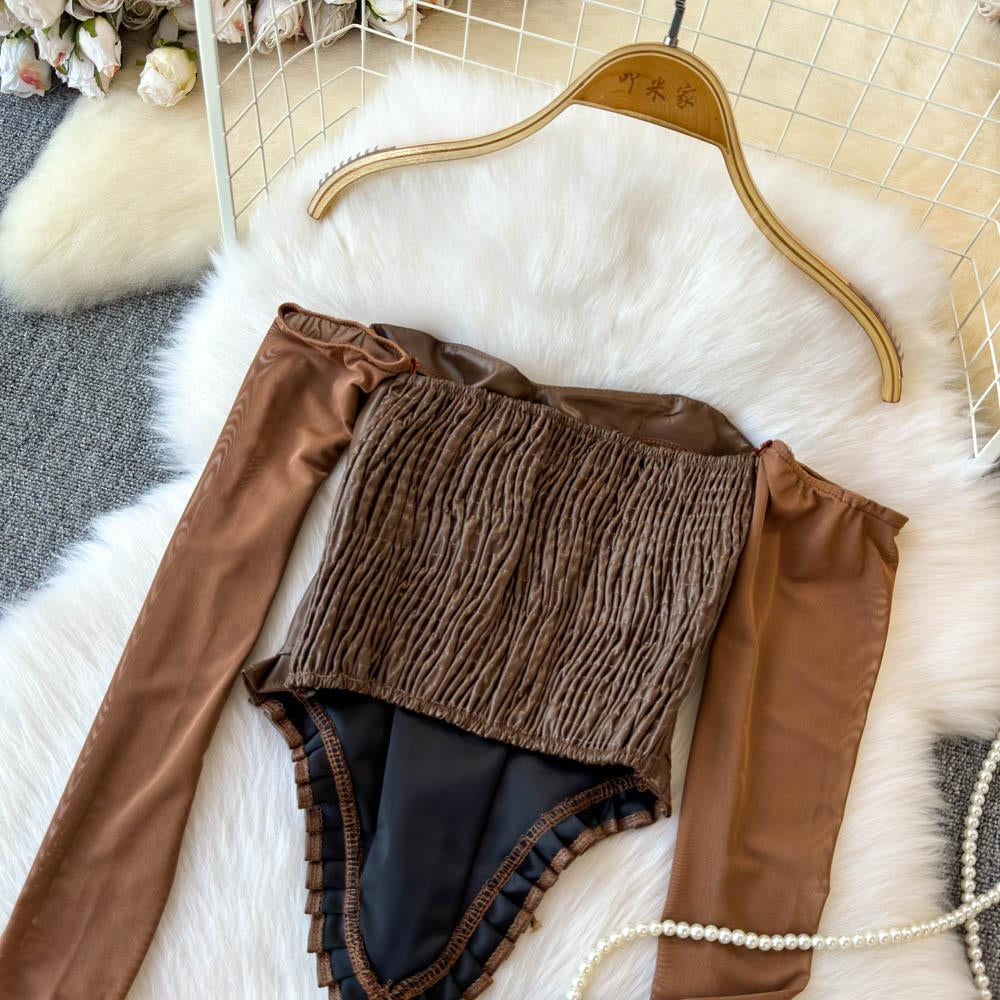 Off shoulder PU leather lace up smocked top