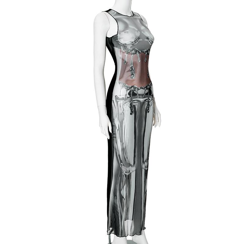 Sleeveless crewneck body print sheer mesh maxi dress  | samba dress