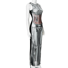Sleeveless crewneck body print sheer mesh maxi dress  | samba dress
