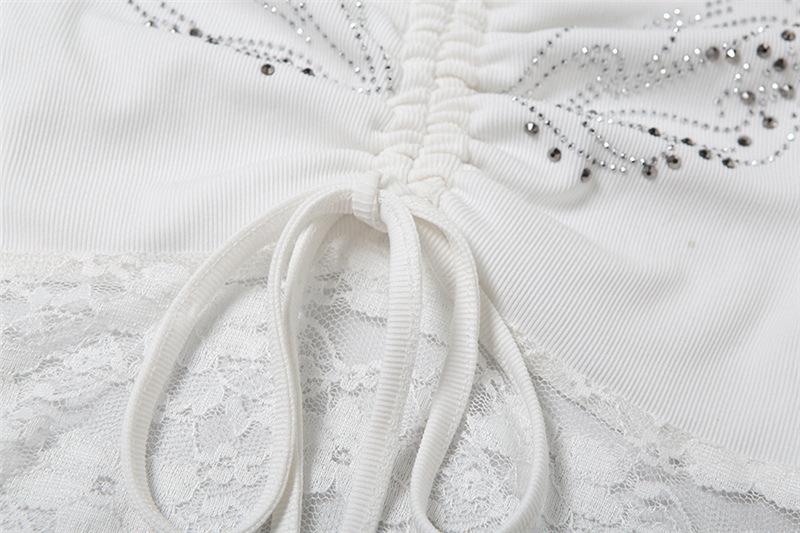 Hoodie off shoulder long sleeve lace beaded drawstring top