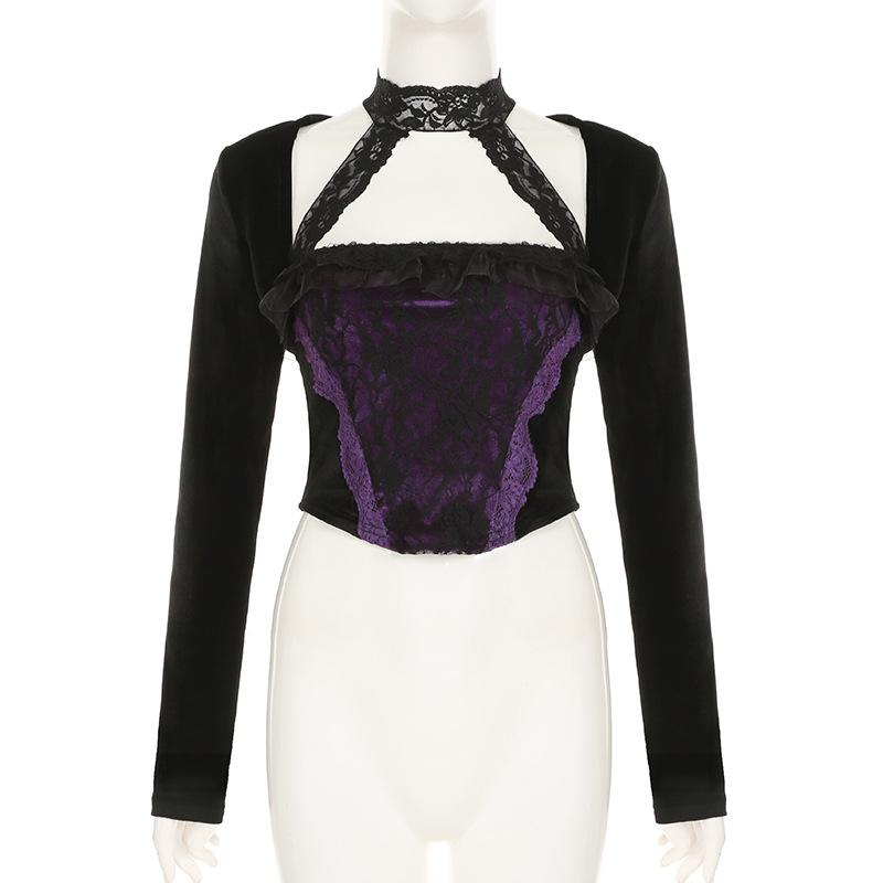 Halter long sleeve velvet lace hem 2 piece top