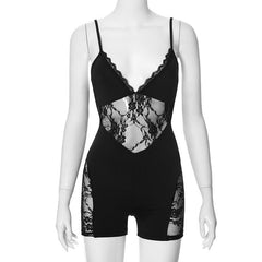 V neck lace hem patchwork cami romper