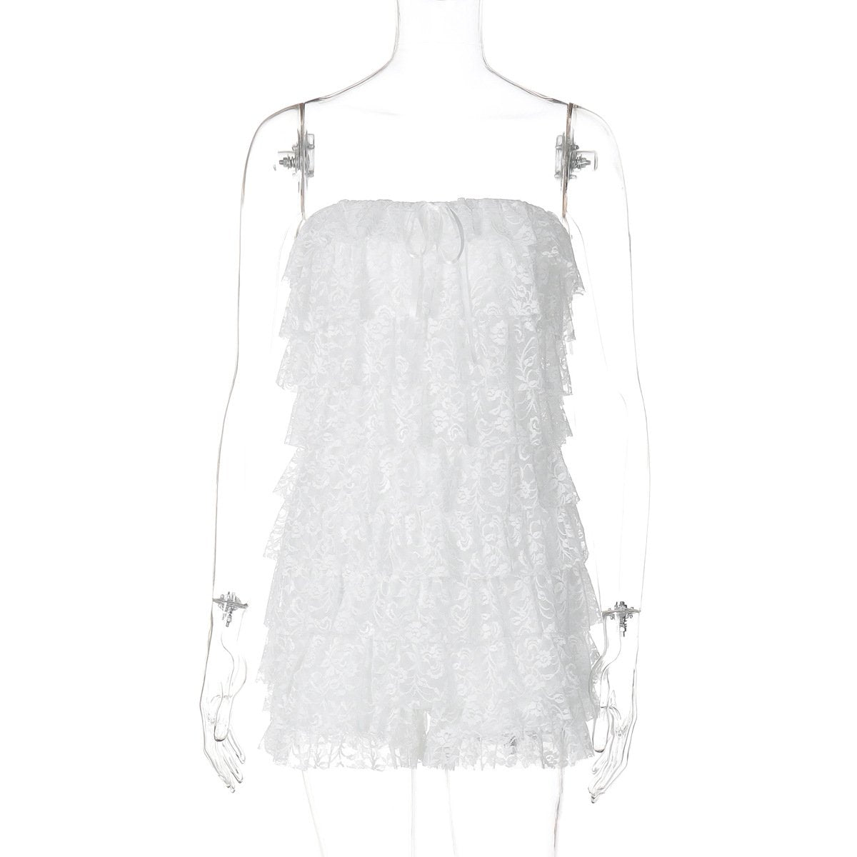 Bowknot lace backless ruffle tube mini dress