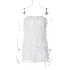 Bowknot lace backless ruffle tube mini dress