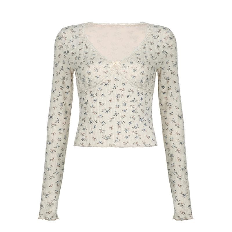 Flower print contrast long sleeve v neck lace hem top