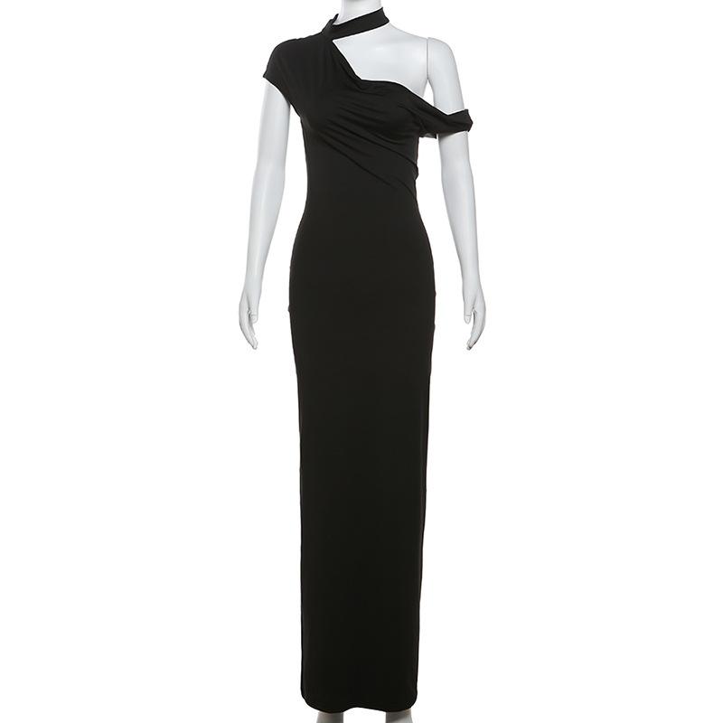 Short sleeve halter one shoulder irregular maxi dress
