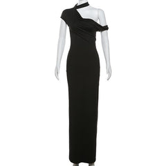 Short sleeve halter one shoulder irregular maxi dress