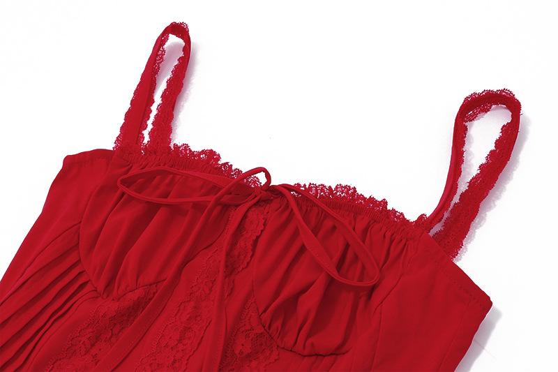 Lace hem drawstring ruched lace up cami mini dress  | red tango dress