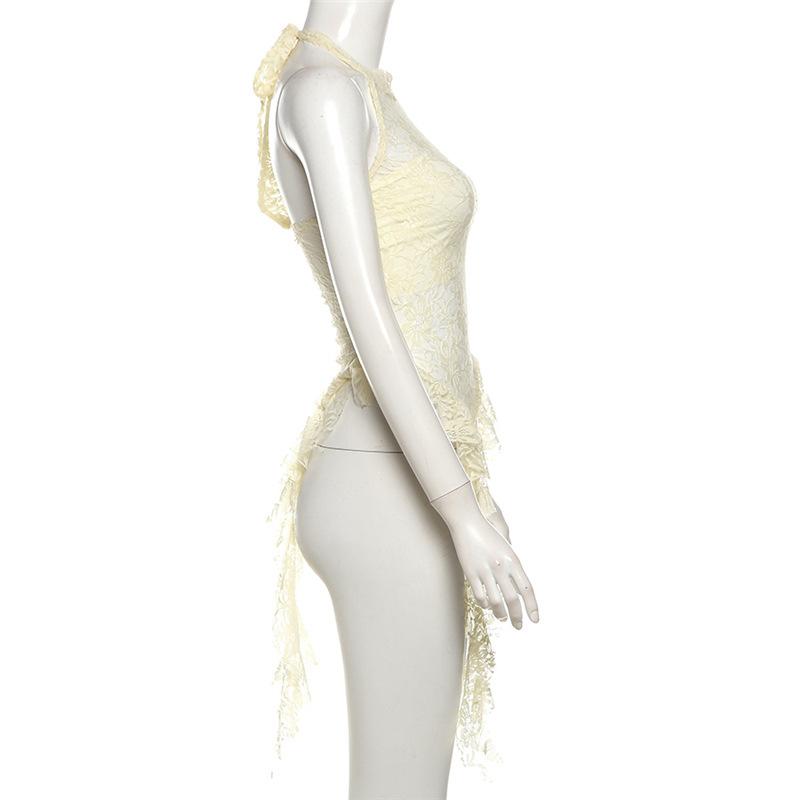 Halter mesh ruffle backless top
