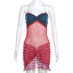 Halter ruched knitted hollow out mini dress  | red tango dress