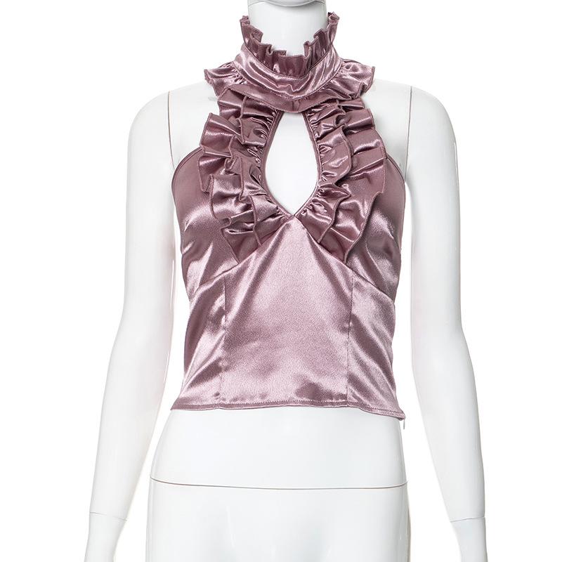 Halter ruffle ruched satin backless top
