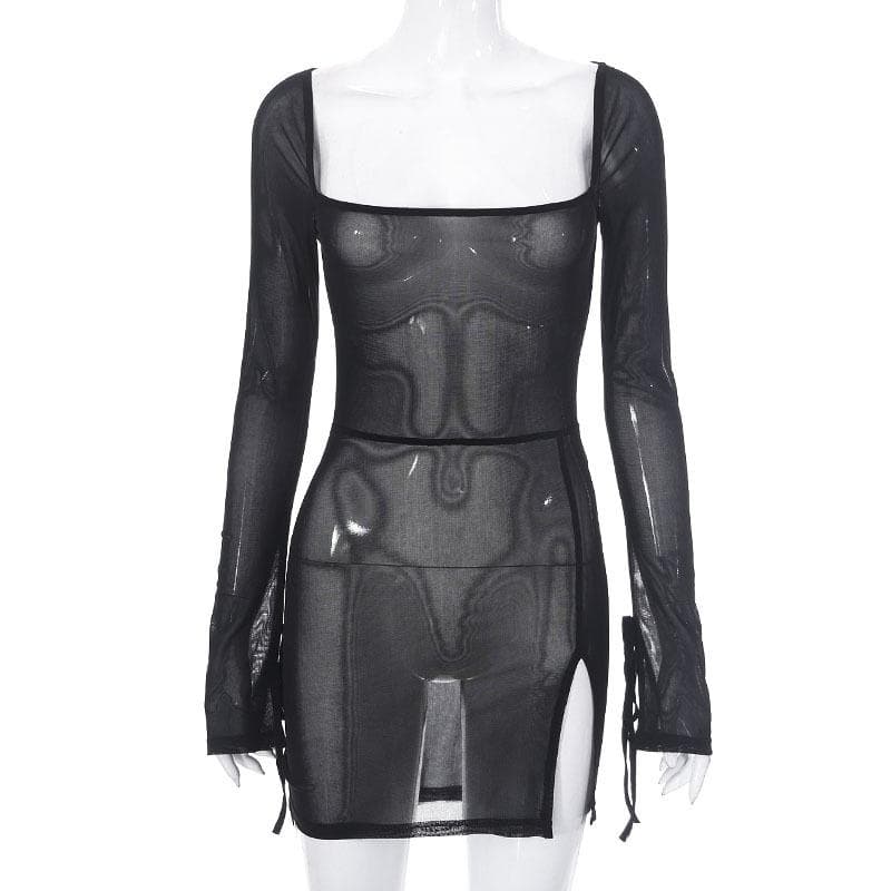 Sheer mesh see through square neck slit long sleeve mini dress  | samba dress