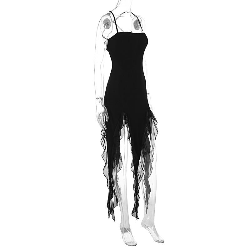 Ruffle cross back solid lace up cami maxi dress  | black rave dress