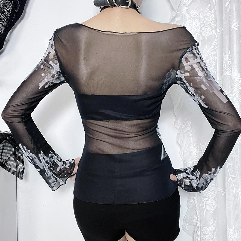 Long sleeve cross print off shoulder sheer mesh top