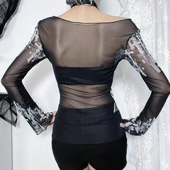 Long sleeve cross print off shoulder sheer mesh top