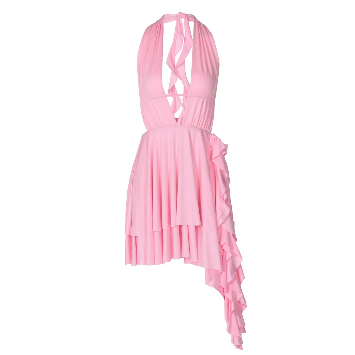 Halter low cut ruffle ruched mini dress