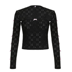 Hollow out bowknot contrast long sleeve shrug 2 piece tube cut out top