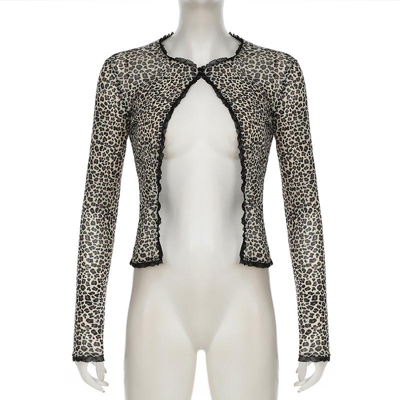 Leopard print long sleeve mesh crop top
