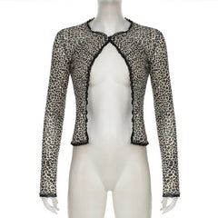 Leopard print long sleeve mesh crop top