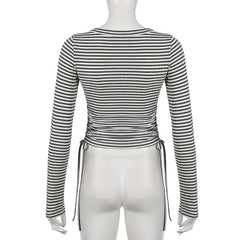 Long sleeve round neck striped drawstring top