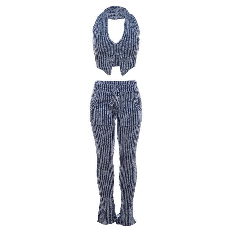 Textured striped contrast halter slit pocket v neck pant set