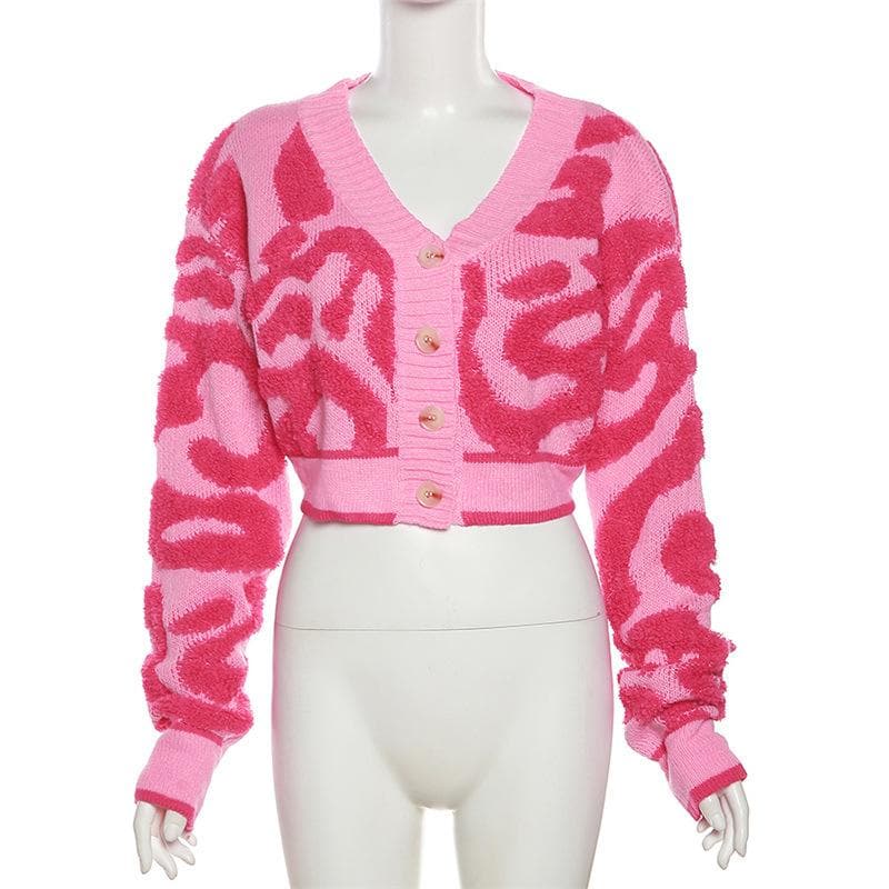 Button long sleeve textured v neck knitted contrast crop top