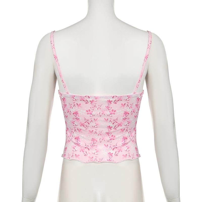 V neck bowknot lace hem ruffle print cami top