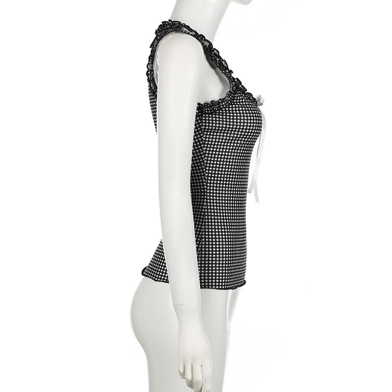 U neck plaid bowknot ruffle contrast ribbon tank top