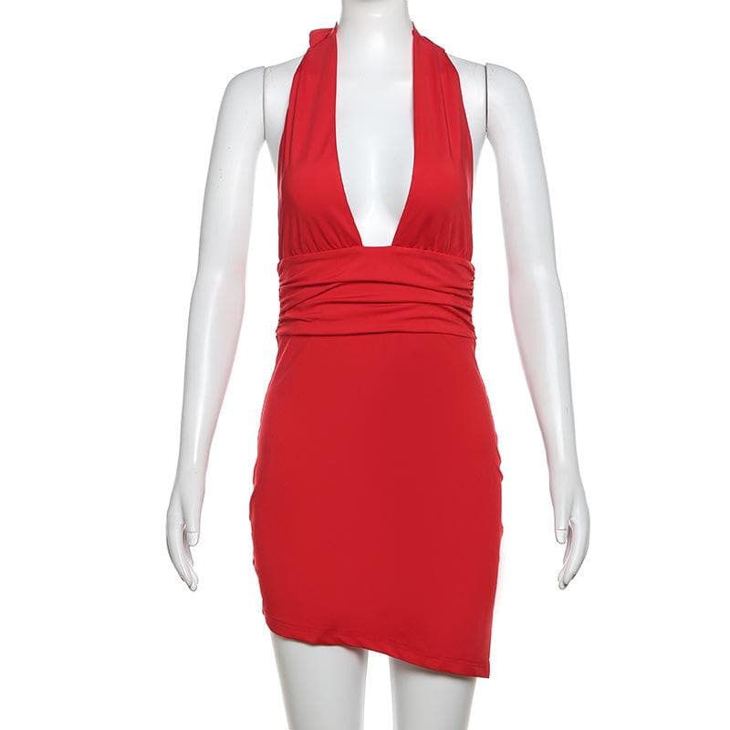 Halter deep v neck ruched backless mini dress  | red tango dress