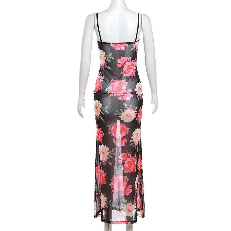 Sheer mesh flower print cami maxi dress  | samba dress