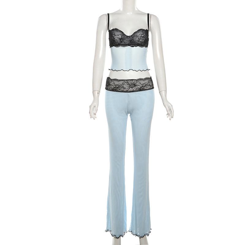 Lace mesh ruffle sweetheart neck cami pant set