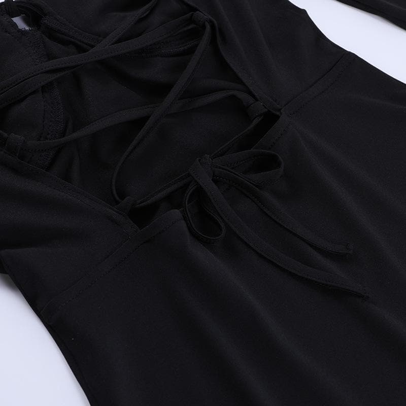 Lace up solid cross back off shoulder long sleeve mini dress  | black rave dress  | black rave dress