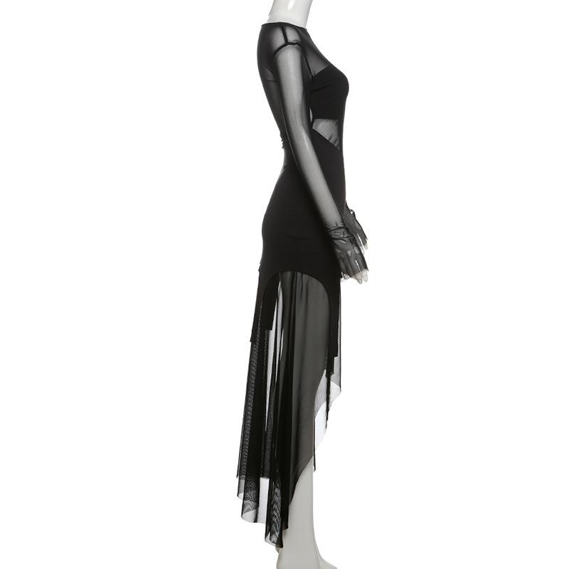 Long flared sleeve mesh maxi dress