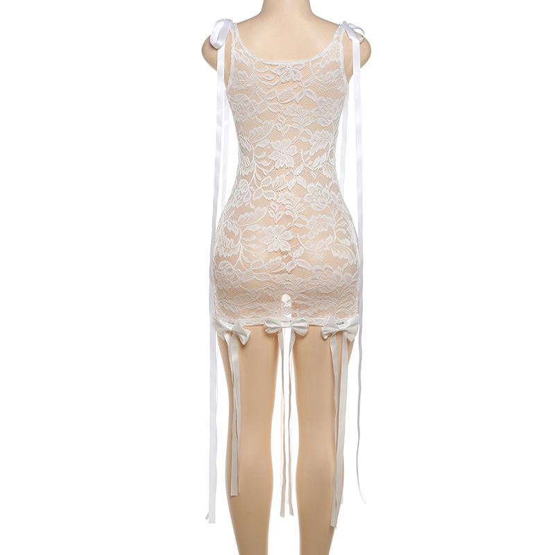 Sleeveless u neck lace bowknot knotted ribbon see through mini dress