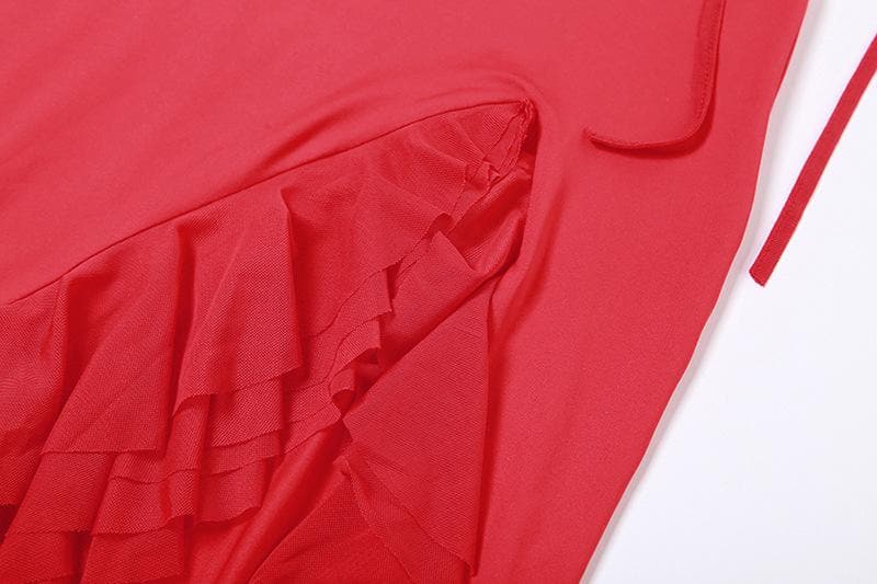 Solid one shoulder irregular ruffle flower applique maxi dress  | red tango dress