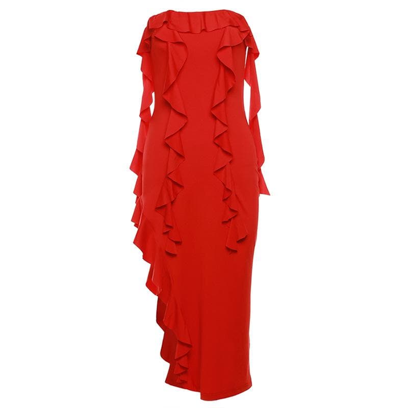Ruffle high slit ruched irregular solid tube midi dress  | red tango dress